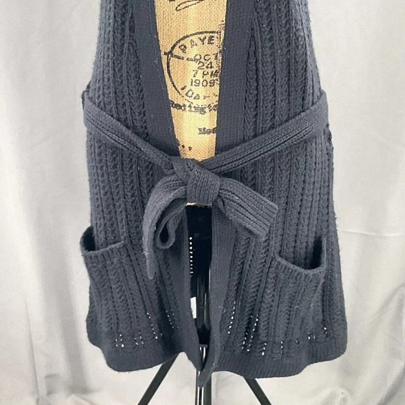 Wallace Sweater Women M Black Duster Knit Vest Tie Pocket Wool Cashmere Cardigan - Picture 7 of 7